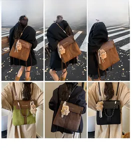 Collage of model wearing retro faux suede backpacks in dark brown, green, and black