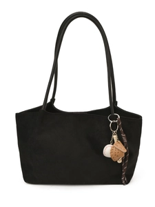 Bolso tote de ante negro con asas de cuero y colgante de béisbol para uso diario
