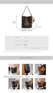 Detailed size chart and dimensions of the vintage brown PU leather shoulder bucket bag