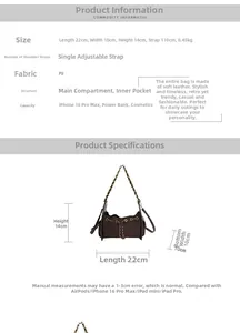 Detailed size specifications for quilted chain bag with 22cm length and 14cm height