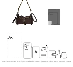Detail view of brown quilted drawstring bag capacity showing fit for smartphone and daily essentials