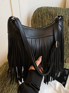 Grand Sac Seau en Cuir PU pour Femmes avec Glands de Franges Style Bohémien Bandoulière Réglable Sac à Main Hobo