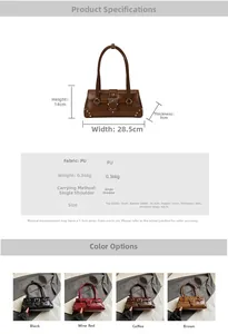 Detailed size chart and specifications for the vintage PU leather shoulder baguette bag