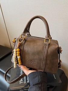 Women Retro PU Leather Crossbody Bag Simple Fashion Boston Pillow Bag Letter Embossed Handbag With Beaded Charm