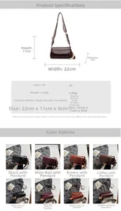 Detailed size specifications and color options for the minimalist PU leather crossbody bag