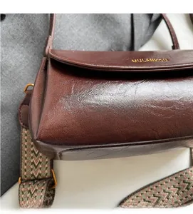 Close-up of retro dark brown pillow bag with colorful woven strap and gold hardware