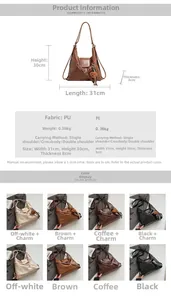 Tableau des dimensions et vue multicolore du sac vintage polyvalent en cuir PU