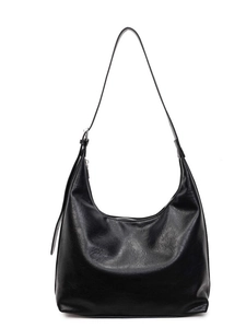 Minimalist black PU leather tote bag with glossy wrinkled texture and adjustable strap