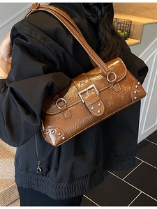 Retro brown oiled leather shoulder bag with silver buckle and studs for women