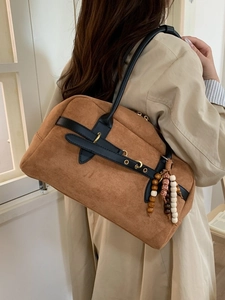 Brown suede Boston shoulder bag with tribal bead tassels and large capacity