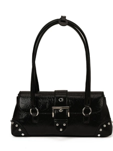 Retro black glossy leather shoulder bag with silver buckle and stud details