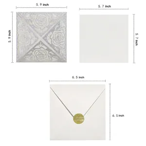 Laser cut silver glitter rose wedding invitations with insert card and envelope size guide