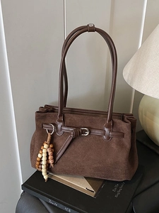 Retro Suede Tote Bag For Women Large Capacity Shoulder Bag With Wooden Bead Pendant Buckle Strap Matte Finish Handbag