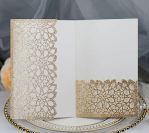 Detailed laser-cut champagne gold glitter lace invitation card for weddings and events