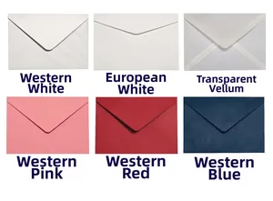 Vista a griglia di varie buste nuziali tagliate al laser in più colori e finiture
