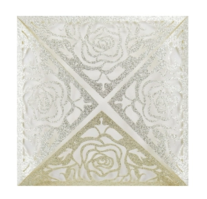 Square laser-cut rose wedding invitation card with shimmering silver glitter finish