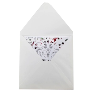 Detailed laser cut filigree sleeve and white envelope with floral invitation card insert