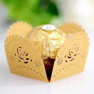 Laser-cut gold paper chocolate wrappers with rose patterns for wedding party decor