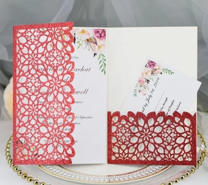 European laser cut wedding invitation set with red glitter hollow floral cover and RSVP cards