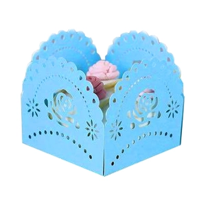 Detailed laser-cut rose hollow candy box in sky blue paper for wedding cupcake decor