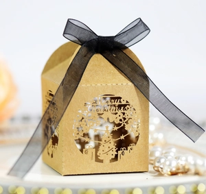 Laser cut kraft paper Christmas gift box with black ribbon and holiday tree patterns