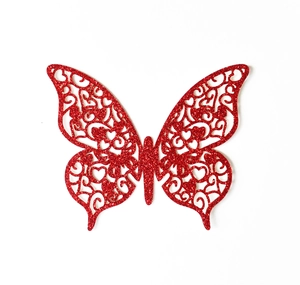 Funkelnde rote Glitzer Schmetterling Deko mit hohlen Herz und Blumenmustern im Design
