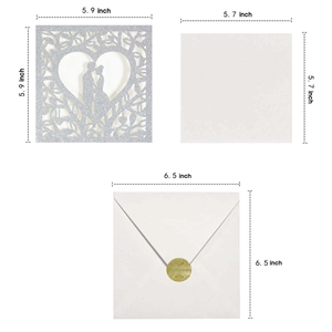 Guide de dimensions détaillé pour faire-part de mariage ajouré en argent pailleté
