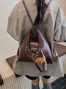 Sac à dos cabas vintage en cuir marron foncé avec pendentif ours en peluche mignon