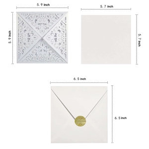 Laser cut floral wedding invitation dimensions showing outer shell, inner card and envelope