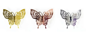 Three-color 3D hollow butterfly wall stickers with intricate metallic lace patterns