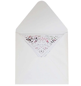 Detailed laser cut white lace wedding invitation with a delicate pink floral inner card