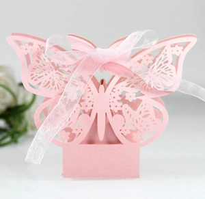 Pink laser-cut butterfly gift box with floral cutouts and white organza ribbon bow
