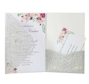 Faire-part mariage découpé laser argenté pailleté avec carte florale et RSVP