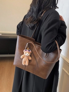 Vintage dark brown large tote bag with teddy bear charm for women daily commuting