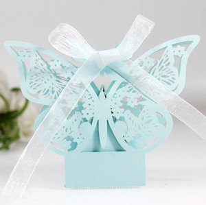 Close-up of light blue laser-cut butterfly gift box with white organza ribbon detail