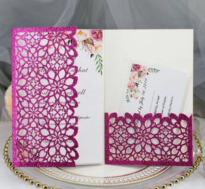 Elegant purple glitter laser-cut wedding invitation set with floral inner card and RSVP card
