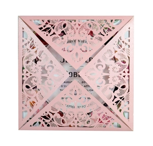 Laser cut square pink wedding invitation set with floral mandala pattern and inner card