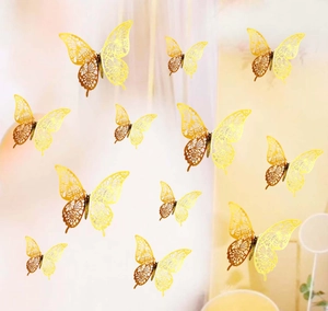 Detailed laser-cut 3D gold butterfly wall stickers with double wings for home decoration