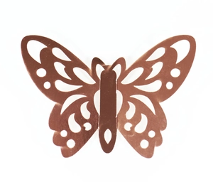 Detailed close-up of hollowed-out rose gold butterfly wall sticker with metallic finish