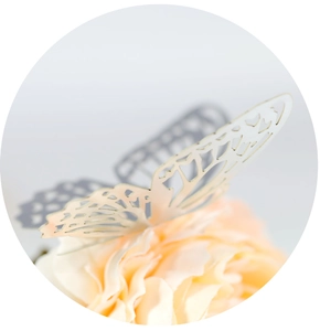Detail of laser-cut gold butterfly wall sticker on soft orange floral backdrop