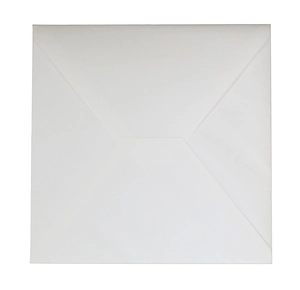 Rear view of a square white wedding envelope with diagonal fold closure and smooth texture