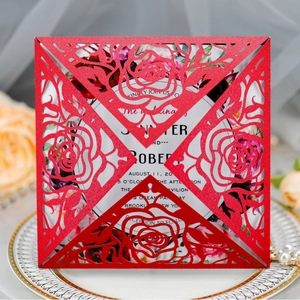 Laser-cut red rose wedding invitation card with white inner page and elegant floral patterns