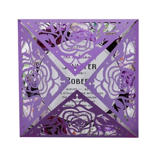 Elegant purple laser-cut rose wedding invitation with floral printed inner card