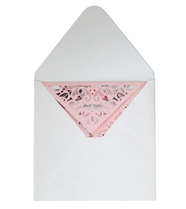 Elegant laser-cut square wedding invitation set with white envelope and pink lace pattern