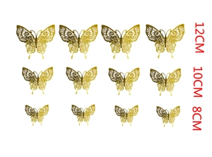 Set of 12 rose gold hollow lace butterfly wall stickers in three sizes for home decor