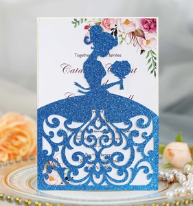 Laser cut blue glitter wedding invitation card with elegant bride silhouette and flowers