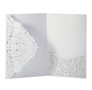 Macro detail of laser-cut lace floral pattern on elegant white wedding invitation card