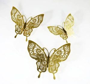 Detail of 3D silver lace hollow butterfly wall stickers with golden metallic finish