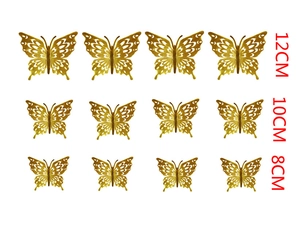 Set of 12 golden 3D hollow butterfly wall stickers in three sizes for party decor