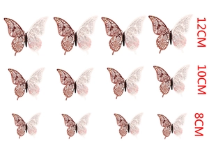 12pcs rose gold 3D hollow butterfly wall stickers in assorted sizes 8cm 10cm and 12cm